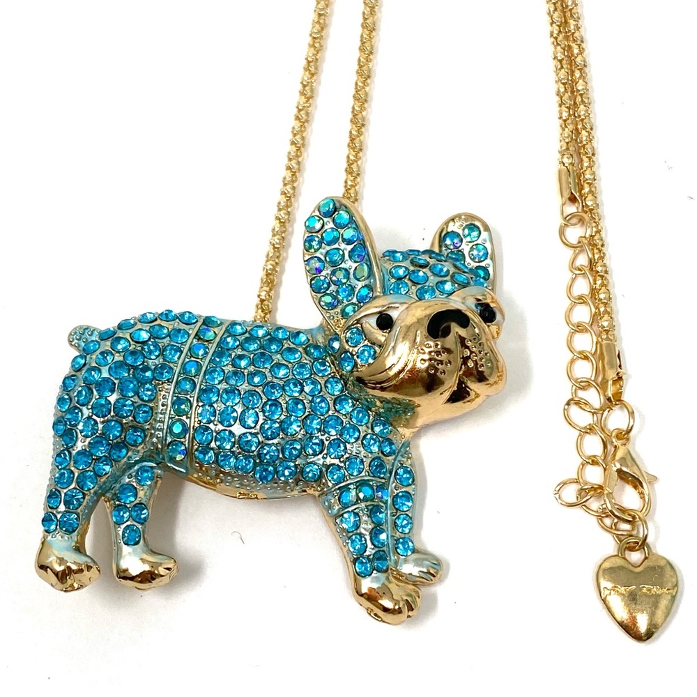 Betsey Johnson Boston Terrier Dog Cristal Blue Enamel Gold Necklace.